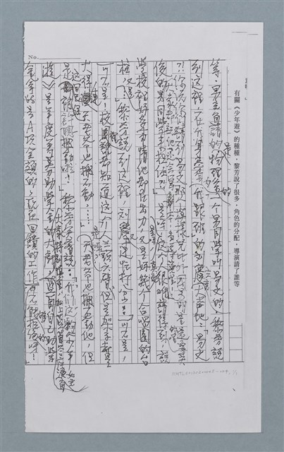 主要名稱：無題名：有關《少年遊》的種種......（影本）/劃一題名：迴夢約園—揭開《智慧的燈》的面紗（校對手寫散稿）圖檔，第1張，共1張