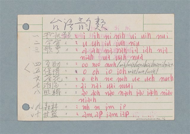 主要名稱：台灣韻類/劃一題名：筆記資料卡圖檔，第1張，共2張
