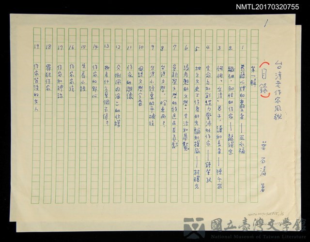 主要名稱：台灣老作家風貌目錄的藏品圖