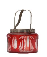 藏品(金屬提梁帶蓋紅色花飾透明玻璃矮罐)的圖片