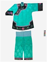 藏品(水藍絲質緹花大襟鑲緄女衫褲)的圖片