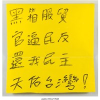 藏品(「黑箱服貿  官逼民反  還我民主  天佑台灣!」標語 )的圖片