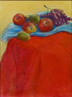 藏品(紅色檯布上的蘋果和葡萄)的圖片