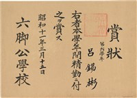 藏品(呂錫彬第六學年間精勤賞狀（1936年3月15日）（日）)的圖片