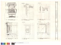 藏品(IONIC柱頭平面圖、側立面圖、入口山牆剖面、立面圖、底牆粗化大樣圖、大門立面,平面圖、廚房門大樣圖、窗框剖立面圖)的圖片