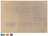 藏品(一樓舞台與化妝室隔墻立面大樣、B-B向剖面示意、對開式東興柚木面活頁拉屏A-A向剖面示意、双面貼柚木面夾板杉木釘條立面、壁櫃立面大樣、壁櫃橫縱向剖面、室外蓄水池頂部平面大樣、室外蓄水池平面大樣、室外蓄水池橫向剖面)的圖片
