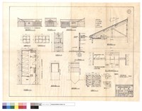 藏品(左,右側立面圖、背立面圖、W1,W2窗尺寸、平面圖、D門尺寸、A-A剖面圖、屋架平面圖、基礎平面圖、屋架尺寸圖、單人三合板木床尺寸、衣櫃及櫃門尺寸)的圖片