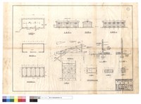 藏品(平面圖、正面圖、側面圖、背面圖、基礎平面圖、屋架平面圖、屋架詳圖、A-A,B-B斷面、D1,W1~W3詳圖、門窗附五金零件及內外油漆)的圖片