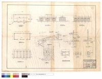 藏品(平面圖、正面圖、側面圖、背面圖、基礎平面圖、屋架平面圖、屋架詳圖、A-A,B-B斷面、D1,W1~W3詳圖、門窗附五金零件及內外油漆)的圖片