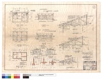 藏品(守衛室平面圖、屋架結構平面圖、基礎平面圖、正面圖、背面圖、右側面圖、左側面圖、T1,T2,T3屋架結構圖、水平梁接頭詳圖)的圖片