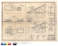 藏品(倉庫,屋架,基礎平面圖、正面,背面,側面圖、職工宿舍屋架結構圖、守衛室,廚房,倉庫屋架結構圖、水平梁接頭,隔間支柱補強詳圖、外牆木柱子加強、桁條,地檻之接頭、F1~F3)的圖片