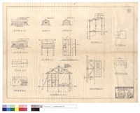 藏品(廚浴室配置圖,屋面,正,背,左,右側面,剖面圖、窓,門及A-A剖面詳圖、廁所配置圖,屋面,剖面圖)的圖片
