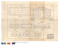 藏品(平面圖、正,背,側面圖、屋架平面,基礎圖、A-A剖視及墻筋格柵詳圖)的圖片
