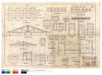 藏品(工棚平,正,側面圖,乙-乙剖面圖、屋架,屋頂平面圖、工棚屋架、門,窗詳圖、浴室平,正,側,背面圖、浴室屋架圖、廁所平,正背,側.剖面圖、雨庇詳圖、浴桶尺寸)的圖片