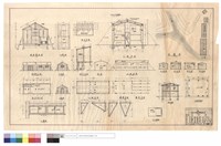 藏品(廚浴室剖,正,平,左,右側面圖、門,窗詳細、廁所平,剖,側面圖、工棚平,剖,側面、P1~T1、基礎,鋼架平面圖、P.V.C窗框、位置圖、工具間左,右側,正,背立,平,剖面)的圖片