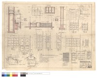 藏品(剖面圖、門,窗圖、給水及排水系統詳圖、化糞池平面圖、A-A,剖面圖、天窓剖面圖、天窓放射天花板開口平面圖、煙窗結構圖、紗窓標準圖、正面山牆立條版圖、碗菜櫥剖面,詳圖)的圖片