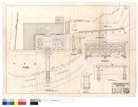 藏品(地坪花圃配置平面圖、B'-B'剖視圖、花格磚,柱剖視圖、台階側立圖、駁坎花格磚圍牆立面圖、花格磚圍牆正面圖、座櫈正,剖視圖)的圖片