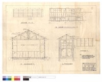 藏品(屋架仰視圖、屋架剖面詳細圖、剖面圖、大門及雨庇詳細圖、置物架立視圖)的圖片