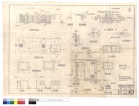 藏品(守衛室暨大門正立,平面圖、守衛室基礎,屋頂結構暨屋面平面圖、背,左,右側立面圖、滑車,鐵環絞鍊,鐵門栓,鎖,地坪接縫,門窗,花圃緣石詳細圖、A-A剖面詳細,B-B剖立面圖)的圖片