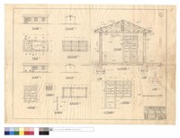 藏品(背立,平面,正立,左,右側立面圖、氣窗,門窗明細、蔗板間牆斷面、屋架,基礎平面圖、A-A剖面圖、C1~C3明細)的圖片