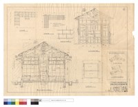 藏品(屋頂,天花板仰視圖、屋架,隔牆,床舖,門剖視圖、辦公室天花板釘三夾板詳圖、大門,雨棚詳圖、彈簧推門、水平撐大樣詳圖、人字樑與大樑接頭大樣圖)的圖片