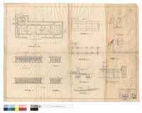 藏品(平,正,背,右,左側面圖、平頂平面圖,詳圖、基礎平面圖、1-A,B剖視圖,1-C隔間牆及床鋪剖面圖、旗桿詳圖)的圖片