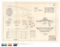 藏品(平面圖、甲種蛇籠端網,間隔網、三籠並聯,籠端聯結,捆紮平,側面、縱斷面圖、位置圖、A-A,B-B斷面圖)的圖片