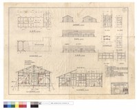 藏品(平面A-A,B-B剖面,左右側,背,正面圖、屋面屋架平面圖、工作台剖面圖、門,窗圖)的圖片