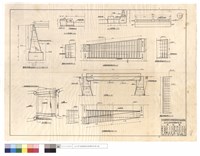 藏品(橋台側,平,立面圖、B-B,A-A斷面圖、橋端部上層配筋(平面)、加寬橋版底層右,左邊配筋圖、橋緣上層鋼筋平面圖)的圖片