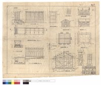 藏品(化糞池廁所,飯廳F-F,剖,仰視,A-A,背面剖視,正,平面,右側面圖、門背面,斷面圖、E-E化糞池橫斷面圖、魚尾螺栓,山牆通氣窗,門窗詳圖)的圖片