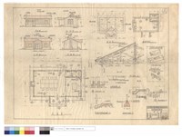 藏品(背,正,平,右,左面圖、屋面圖、基礎平面圖、甲之屋架、花壇,進,後門踏步,前庭墩柱詳細圖、天花板,大梁,人字梁與大梁接頭大樣、散水及水溝斷面)的圖片