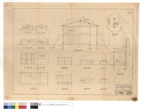 藏品(左,右側面圖、正,背面圖、屋架,屋面圖、工棚,廚房平,正,背,左,右側面圖、B~B剖面圖、位置圖、廚房屋架,剖面圖)的圖片