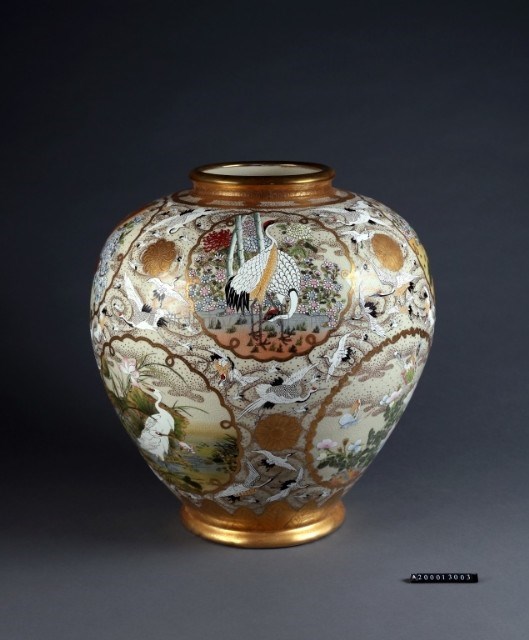 Vase with Satsuma ware decoration of flowers and birds