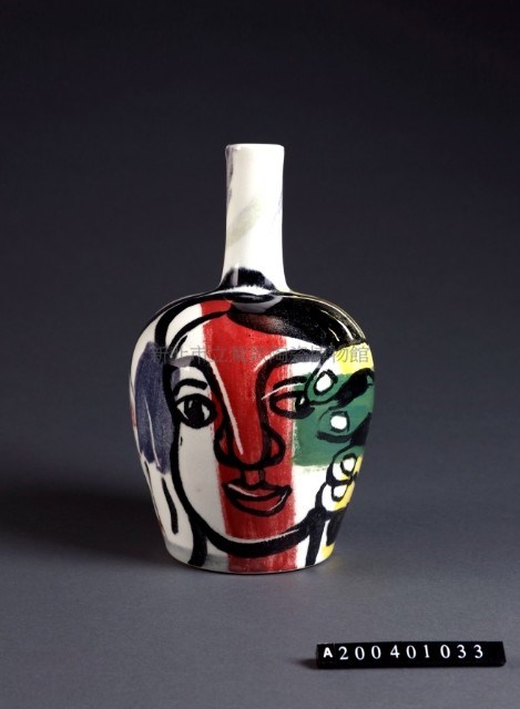 Long-necked painted vase with figure