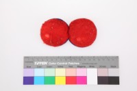 紅地緄藍邊繡花粉撲藏品圖，第2張