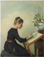 畫架前的女孩的圖片