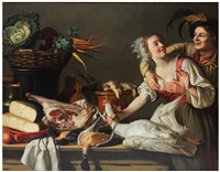 在儲食間布滿食材獵品的桌旁調情的一對男女藏品圖，第1張