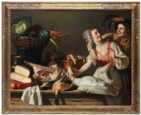 在儲食間布滿食材獵品的桌旁調情的一對男女藏品圖，第2張