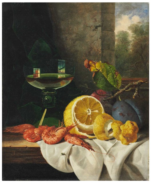 A Wine Glass, a Peeled Lemon, Plums and Prawns on a Draped Table