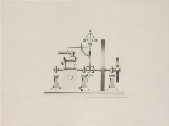 Design for a steam engine with copper pipe showing centrifugal governor mechanism