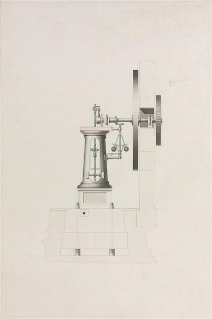 Side elevation of a single cylinder upright steam engine