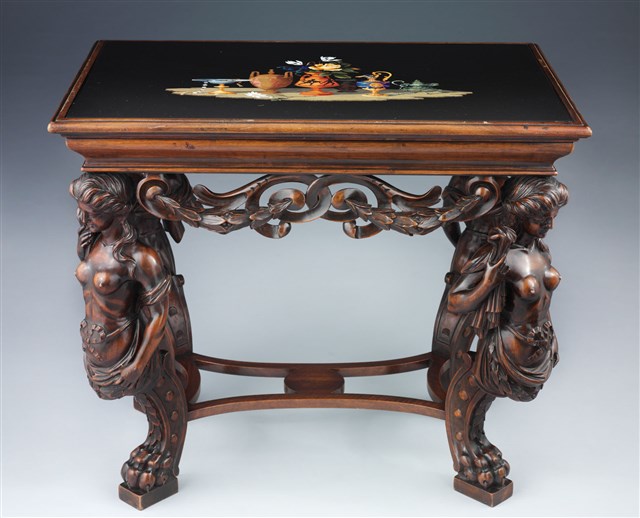 A Renaissance Style Walnut and Pietra Dura-Inlaid Table