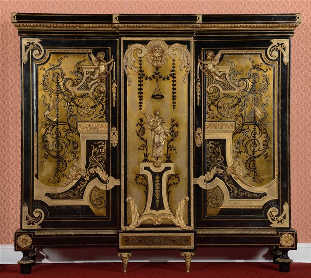 A French Louis XIV Style Boulle Marquetry Ebonized Armoire