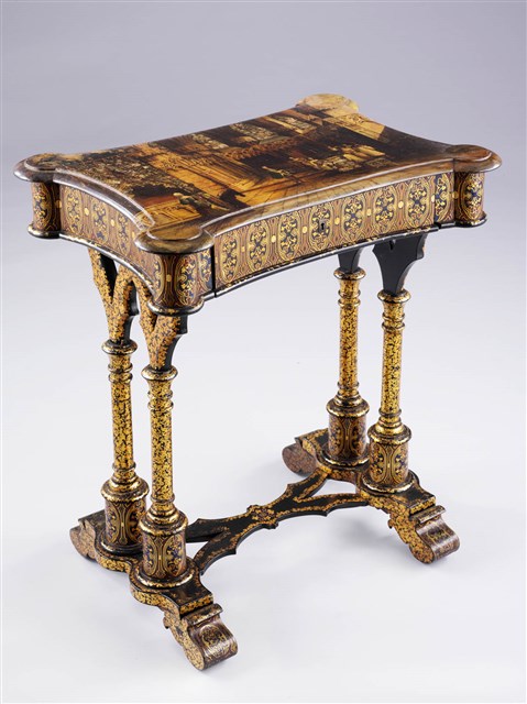 A French Charles X Period Mother-of-Pearl Inlaid Polychrome-Japanned Work Table