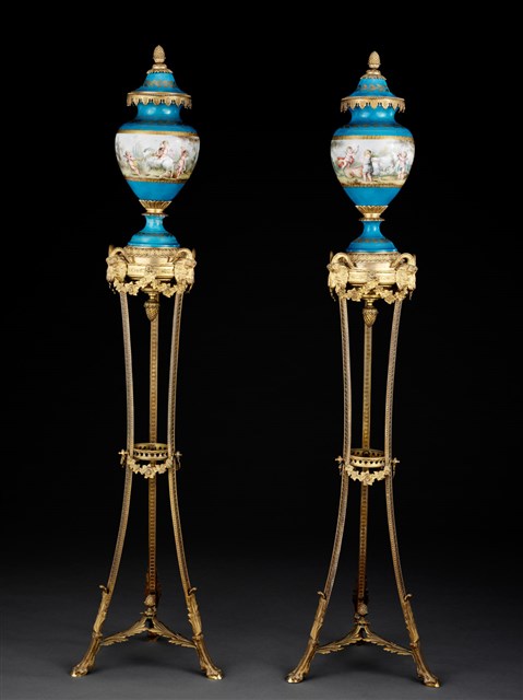 A Pair of Ormolu and Sevres-Pattern Vases and Covers on Stands
