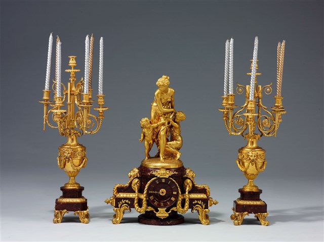 Clock and Candelabre in Marble and Gilt Bronze