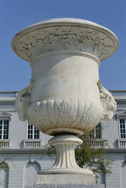 A Pair of Large Carved White Marble Urns