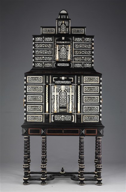 A Northern Italian Ormolu-mounted, Ivory-inlaid,Ebony and Rosewood Cabinet on Stand