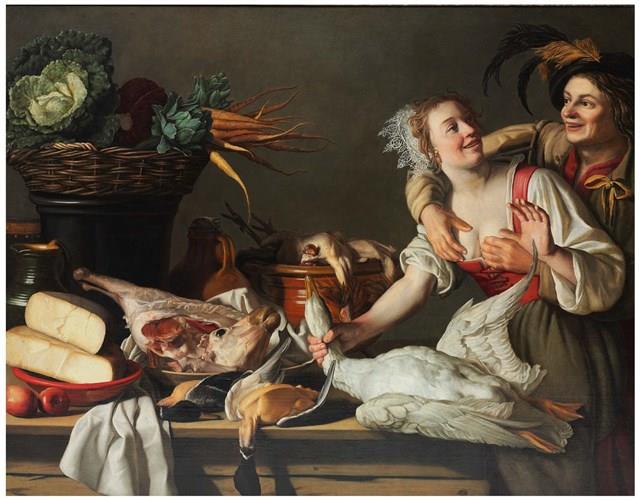 在儲食間布滿食材獵品的桌旁調情的一對男女藏品圖，第1張