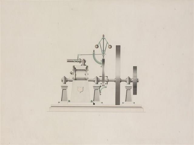 Design for a steam engine with copper pipe showing centrifugal governor mechanism Collection Image